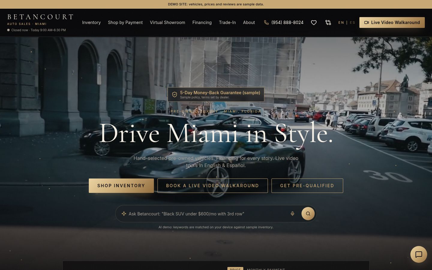 Car dealership demo website homepage